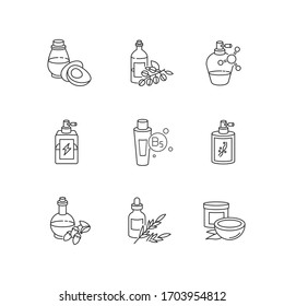 Hair Oils Pixel Perfect Linear Icons Set. Hydrolyzed Wheat Protein. B7 Biotin Treatment. Customizable Thin Line Contour Symbols. Isolated Vector Outline Illustrations. Editable Stroke