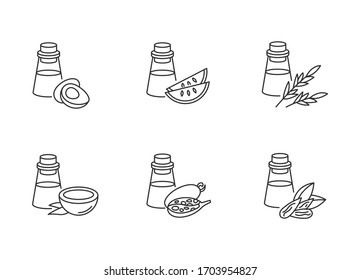 Hair oils pixel perfect linear icons set. Jojoba ingredient for cosmetic product. Natural herbal essence. Customizable thin line contour symbols. Isolated vector outline illustrations. Editable stroke