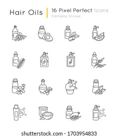 Hair oils pixel perfect linear icons set. Hydrolyzed wheat protein cosmetic product. Almond extract. Customizable thin line contour symbols. Isolated vector outline illustrations. Editable stroke