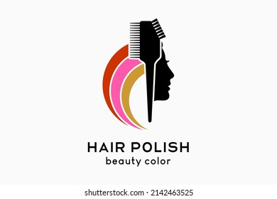 Diseño del logotipo de pintura de pelo o de lustre, silueta de un peine de pincel y cara de mujer con un concepto de color suave