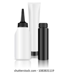 Hair painting bottles set for gel, cream and balm. 3d realistic Vector illustration. Professional cosmetics package: tube, bottle with lid and dispenser.