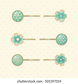 Hair pin set, flower and round glass cabochon hair accessories in turquoise color hues