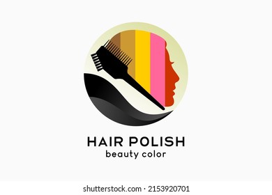 Hair polish logo design or hair color, comb silhouette combined with a woman's face with a colorful concept in a circle