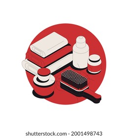 Hair problem round isometric composition with brush towels and cosmetic products 3d vector illustration
