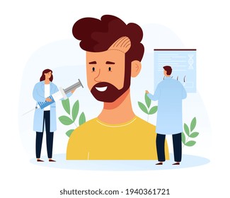 Hair problems, baldness concept. Man with hair loss and receding hairline receiving treatment at a clinic with therapists holding hypodermic syringe and consulting a chart, flat vector illustration