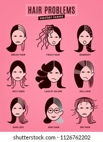 Hair problems collection. Vector illustration in modern style isolated on a pink background. Beauty, dermatology and health care concept in monochrome colors.