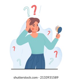 Hair problems concept. Woman looks at hairbrush in confusion. Alopia and health problems, lack of vitamins and nutrients. Character in bathroom, poster or banner. Cartoon flat vector illustration