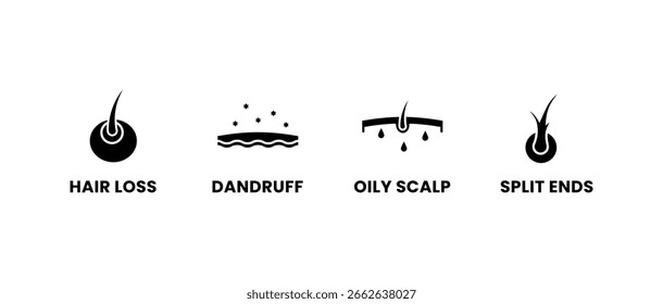 Hair Problems Icon Set Hair Loss, Dandruff, Oily Scalp, Split Ends. Dermatology and Hair Care Symbol Pack for Medical or Beauty Use.