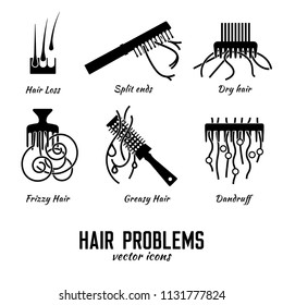 Hair problems icons set. Vector illustration in flat style isolated on a white background. Beauty, dermatology and health care concept in black color.