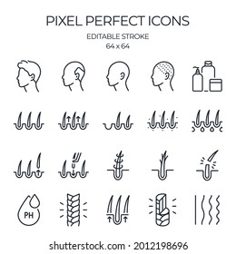 Hair problems related editable stroke outline icons set isolated on white background flat vector illustration. Pixel perfect. 64 x 64.