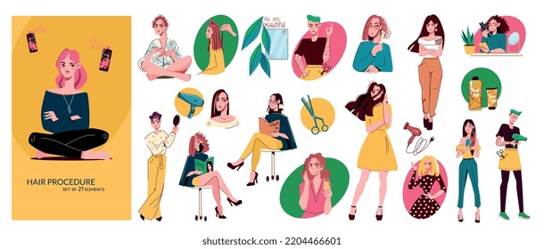 Salón de procedimientos de pelo composición plana estilizar el cabello en curvadores rizado pelo de hierro alisado secado por soplo y cortes cortos de pelo ilustración vectorial