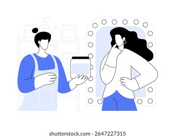 Hair product recommendations isolated cartoon vector illustrations. Beauty salon worker sells hair care product to customer, service sector, fashion industry, professional people vector cartoon.