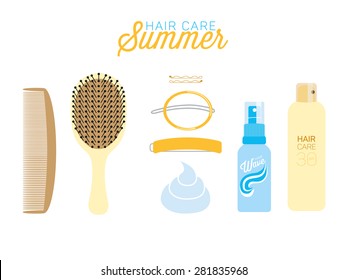 Hair Products with hair brush, hair comb and hair accessories on white background. Vector and illustration design.