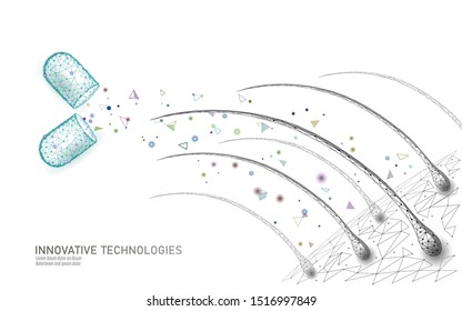 Hair protect care cosmetic technology 3D concept. Hair follicles structure repair supplement vitamins treatment. Anatomy strands medicine render vector illustration