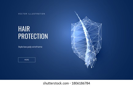 Hair protection concept in futuristic polygonal style for landing page or banner. Vector illustration of a hair follicle with a shield for protection from damage, baldness or strengthening