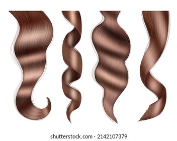 Hair realistic. Luxury blonde and brown lush hairs highlights decent vector curly templates set