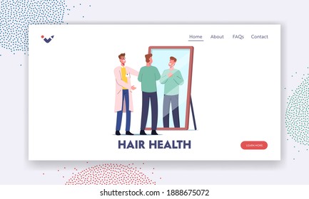 Hair Receding, Loss Problem Landing Page Template. Satisfied Patient Look in Mirror after Hair Transplantation Procedure. Doctor and Client Characters in Clinic. Cartoon People Vector Illustration