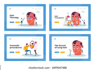 Hair Receding, Loss Problem Landing Page Template Set. Tiny Doctor Characters around Huge Male Head Making Hair Transplantation, Satisfied Patient Look in Mirror. Cartoon People Vector Illustration
