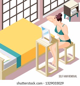 Hair removal background with woman plucking eyebrows in front of mirror 3d vector illustration