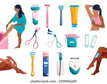 Hair removal collection in cartoon Style.Shaving,epilation and waxing set.Eyebrow correction.Lashes curling.Hygiene equipment,razors with blade for beauty procedure.Daily routine, skin care.Vector