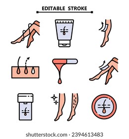 Hair removal color icons set. Wax therapy icon outline vector. Beauty cosmetic. Editable stroke.