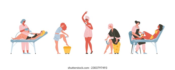 Hair removal cosmetology beauty salon procedures set. Professional and home hair removal epilation methods, flat vector illustration isolated on white background.