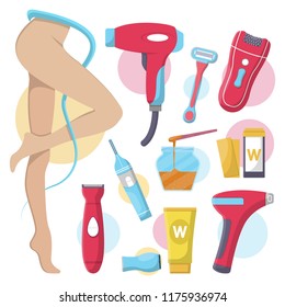 Hair removal equipment for women. Electric epilator, shaver, shaving razor, waxing strips, hot wax in bowl laser machine, well-groomed woman legs icons. Vector cartoon flat icons for depilation isolat