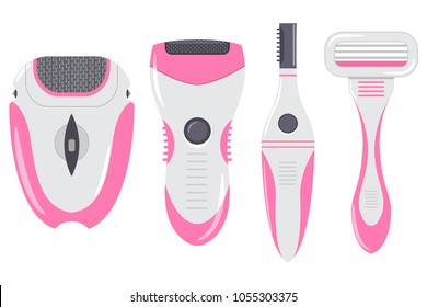 Hair removal equipment for women. Razor, epilator and trimmer set. Vector cartoon flat icons for depilation isolated on white background.