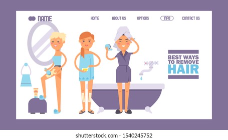 Hair Removal Guide Website, Vector Illustration. Landing Page Template, Skin Care Beauty Procedure For Women. Information And Advice Article About Best Ways To Remove Unwanted Hair, Online Beauty Blog