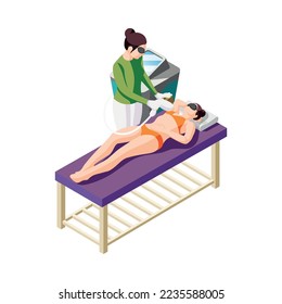 Hair removal isometric composition with human characters performing epilation procedures vector illustration