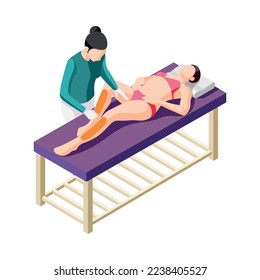 Hair removal isometric composition with human characters performing epilation procedures vector illustration