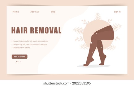 Hair removal. Landing page template. Laser and wax epilation. Morning routine. Perfect smooth african female legs. Skin care concept. Vector illustration in flat cartoon style.