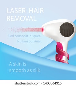 Hair Removal with Laser Epilator. Epilation, Beauty Skin Care Accessory for Female Spa Salon or Domestic Use Tool. Modern Device on Blue Background. 3D Vector Realistic Illustration, Square Banner
