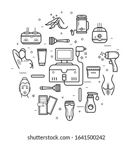 Hair removal, laser hair removal, hair removal, shaving, waxing and tools for home and salon skin and body care. Circle poster with flat line icons. Healthy lifestyle concept. Vector linear icons. 