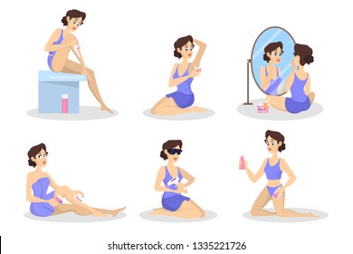 Hair removal method set. Woman make depilaion and epilation procedure. Laser and razor, wax. Body cosmetology and hygiene. Isolated vector illustration in cartoon style