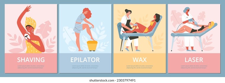 Hair removal methods, advertising posters set, flat vector illustration. Women shaving with razor, waxing, using epilator and laser hair removal. Beauty salon banners.