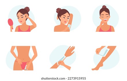 Hair removal methods of epilation with wax strips set vector illustration. Cartoon female models holding depilation tool to remove hair in different parts of body and face, infographic collection