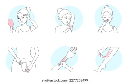 Hair removal methods of epilation with wax strips set vector illustration. Cartoon female models holding depilation tool to remove hair in different parts of body and face, infographic collection