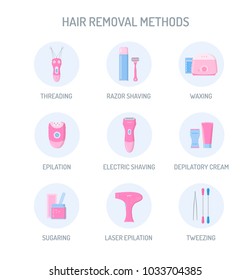 Hair removal methods icons set: threading, shaving, depilatory cream, waxing, epilation, sugaring, laser and tweezing. Flat design. Vector illustration.