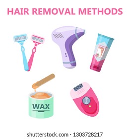 Hair removal methods infographic for women. Hair depilation and epilation. Idea of skin care and beauty. Razor, laser, wax and epilator. Isolated vector illustration in cartoon style