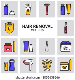 Hair removal methods line icons set. Shaving sugaring laser waxing epilation depilation tweezing. Squares