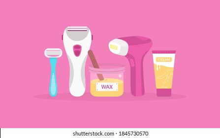 Hair removal methods: razor, wax, laser, electric epilator, hair removal cream. Vector