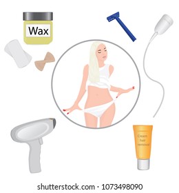 Hair removal methods and its result on a girl's body vector illustration