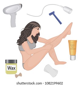 Hair removal methods and its result on a girl's body vector illustration