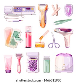 Hair removal methods vector cartoon illustration. Beauty salon epilation and depilation icons set. Body care and cosmetology treatment design elements.