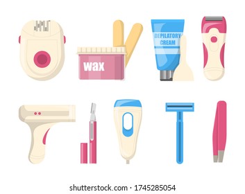 Hair removal methods vector isolated. Different ways of skin depilation and epilation. Wax, razor and laser technology.