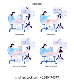 Hair removal methods for women set. Epilation beauty procedure type. Idea of body and skin care and beauty. Photo and bio epilation, electrolysis and laser hair removal. Isolated vector illustration