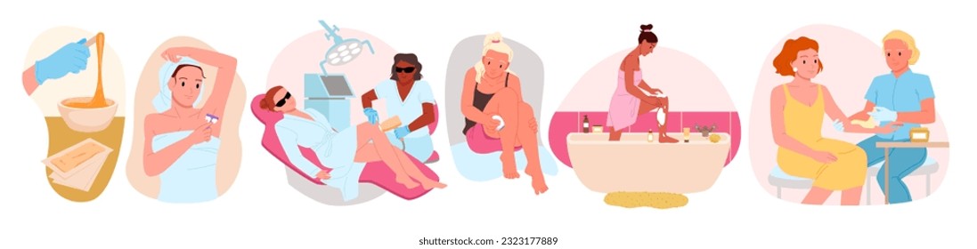 Hair removal procedures in beauty salon and home set vector illustration. Cartoon woman shaving with razor and depilatory cream, beautician holding wax, sugar and laser equipment for depilation