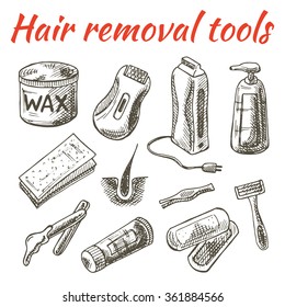 Hair Removal Tools. Bottle Of Wax, Shaving Razor, Clipper, Tweezers. Hand Drawn Vector Illustration.