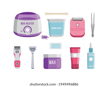 Hair removal tools and supplies set, flat vector illustration isolated on white.